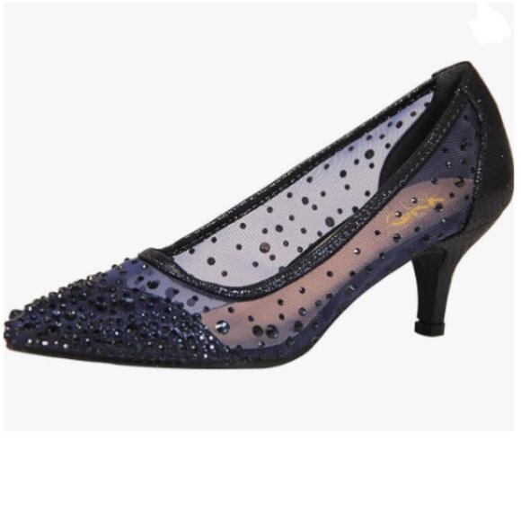 XYD Navy Pointed Toe Slip On Graceful Mesh Pumps Rhinestone Studs Kitten Shoes - Picture 1 of 8